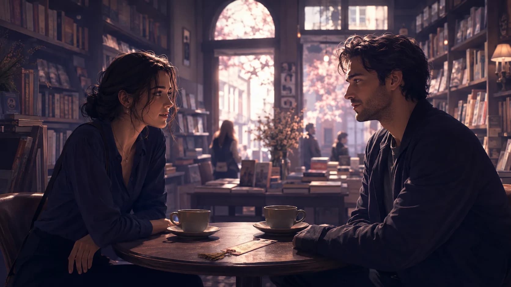 Two fictional adults meeting again in a bookstore with an unresolved shared promise