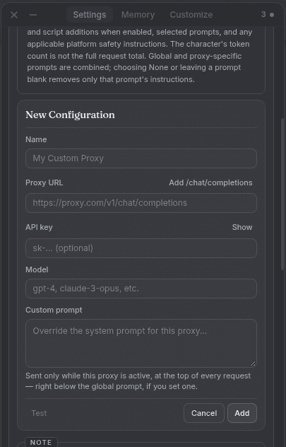 Janitor AI のプロキシ設定：Name、Proxy URL、API key、Model、Custom prompt の欄が空の New Configuration フォーム