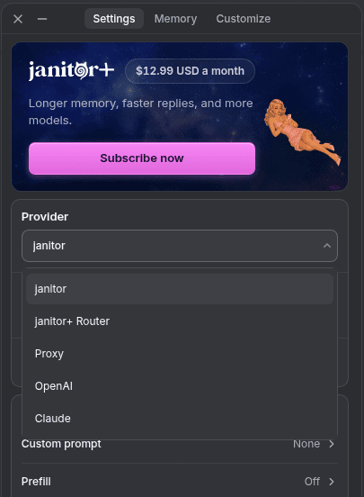 Janitor AI のプロキシ設定：Provider のドロップダウンに janitor、janitor+ Router、Proxy、OpenAI、Claude が表示された設定パネル