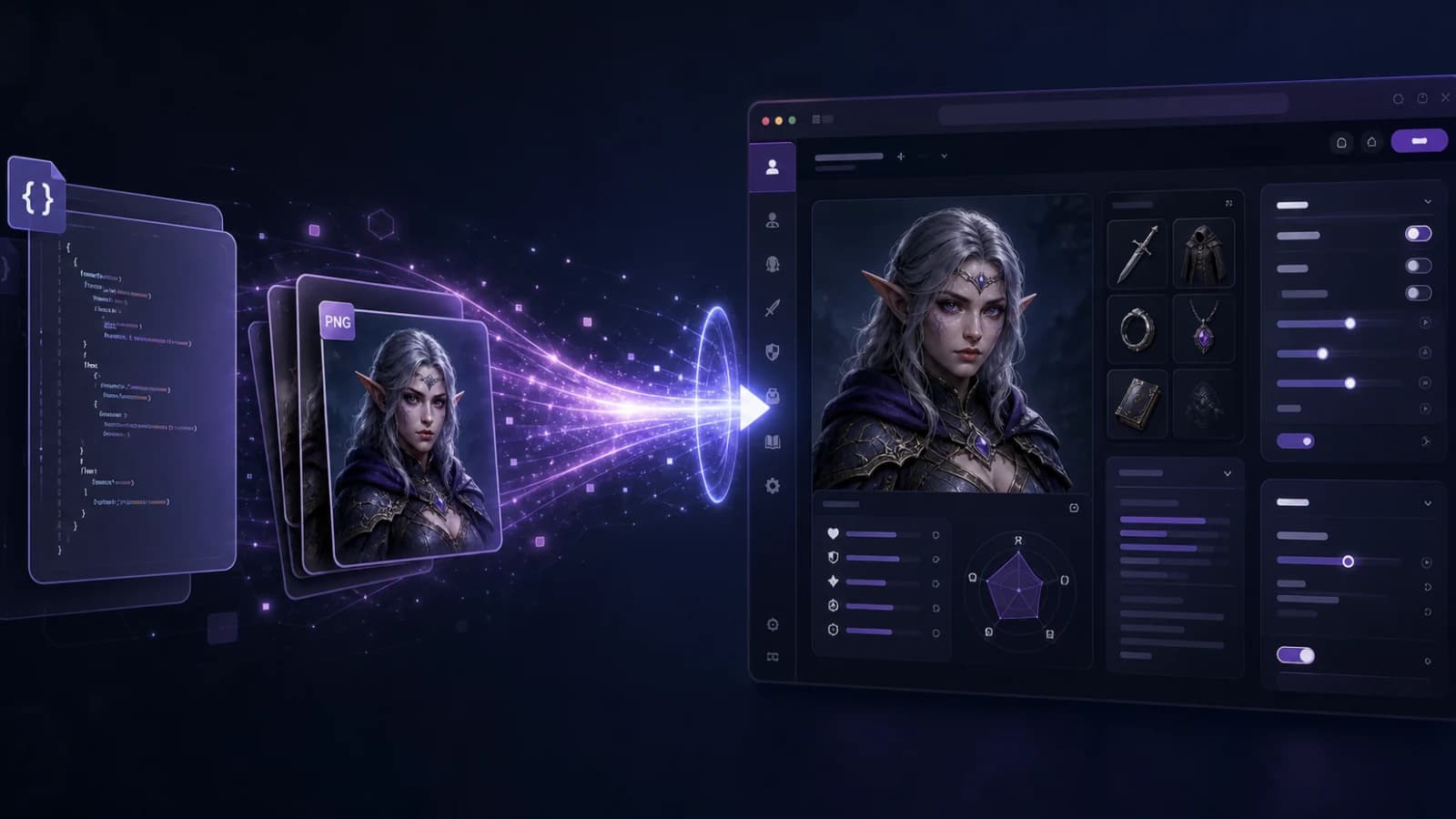 Cartões JSON e PNG chegando a um criador de personagens roxo