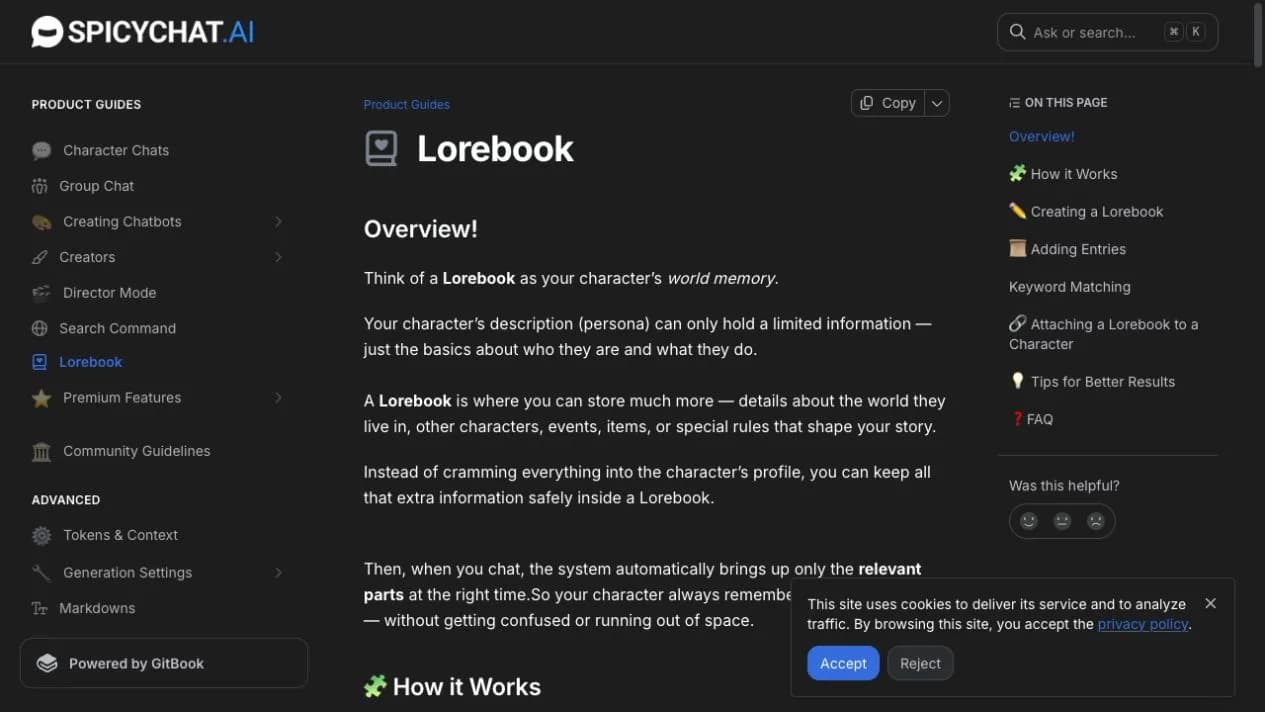 Editor do SpicyChat AI Lorebook para organizar entradas e palavras-chave
