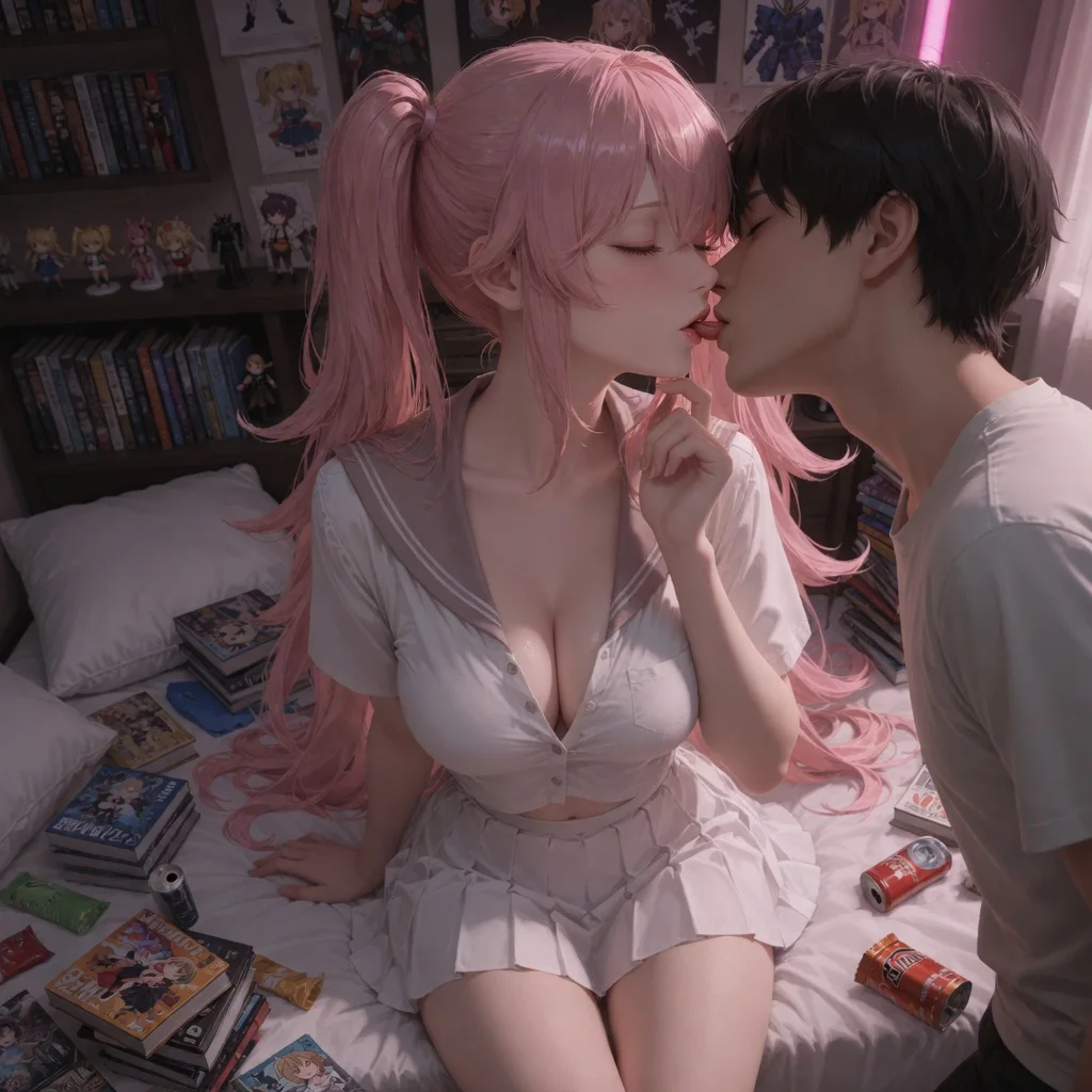 An anime character kiss close-up